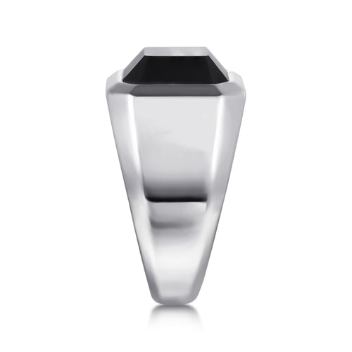 Wide 925 Sterling Silver Signet Ring with Faceted Onyx Stone in High Polish Finish