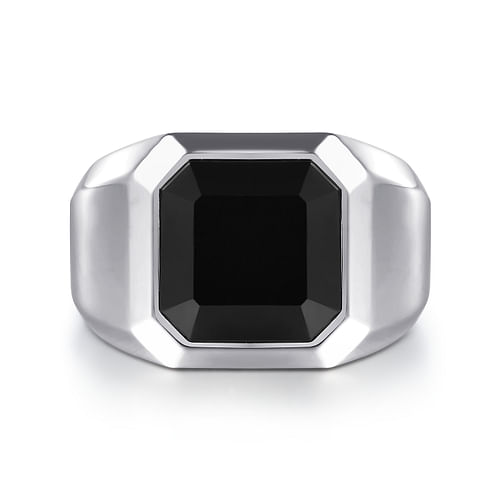 Wide 925 Sterling Silver Signet Ring with Faceted Onyx Stone in Sand Blast Finish