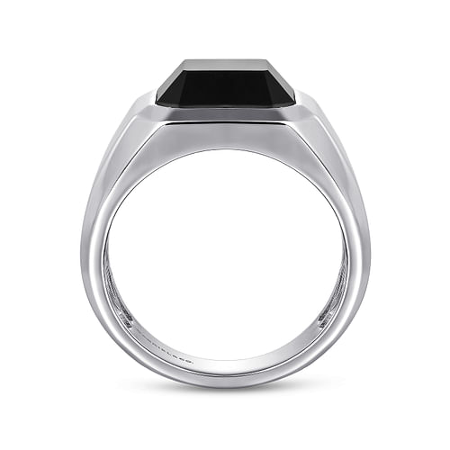 Wide 925 Sterling Silver Signet Ring with Faceted Onyx Stone in Sand Blast Finish