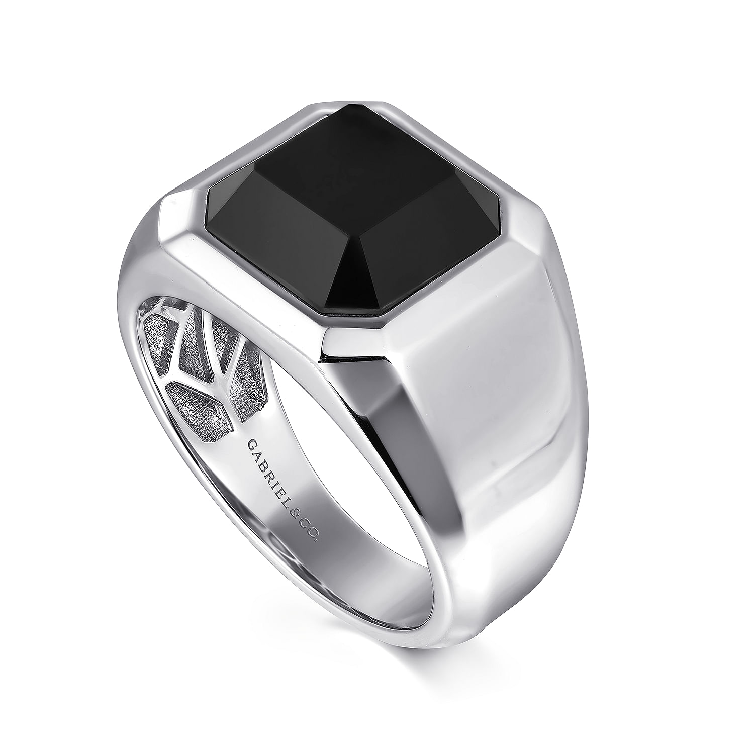 Wide 925 Sterling Silver Signet Ring with Faceted Onyx Stone in Sand Blast Finish