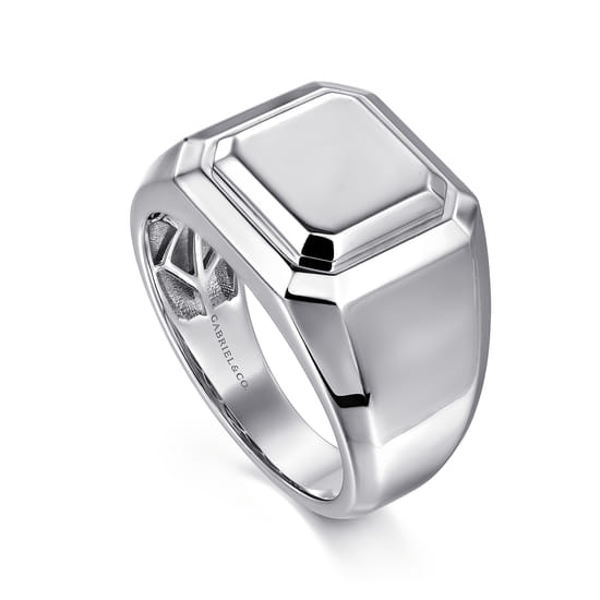 Wide 925 Sterling Silver Square Men's Faceted Signet Ring  angle 3