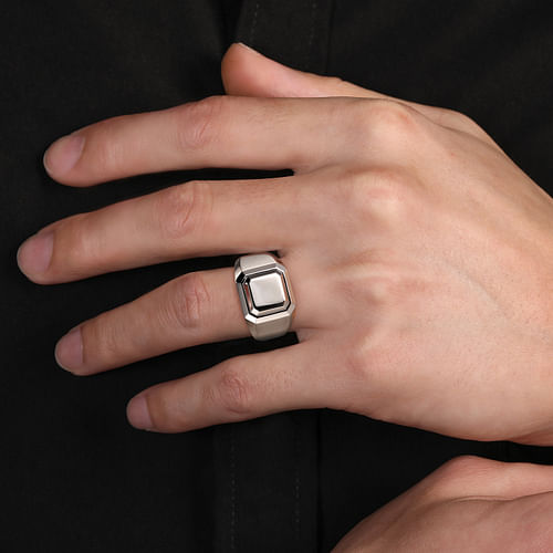 Wide 925 Sterling Silver Square Men's Faceted Signet Ring 