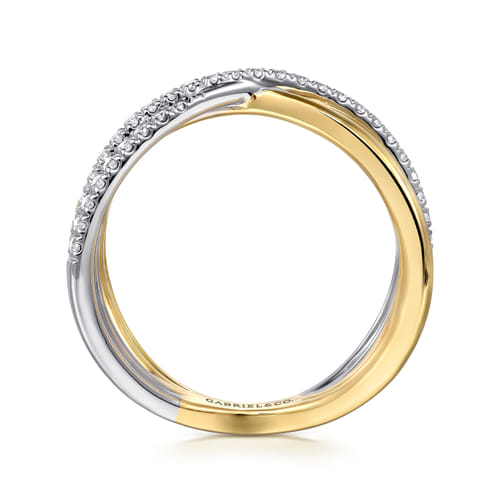 Wide Band Criss Cross Ring 14K White and Yellow Gold Diamond 0.25ct