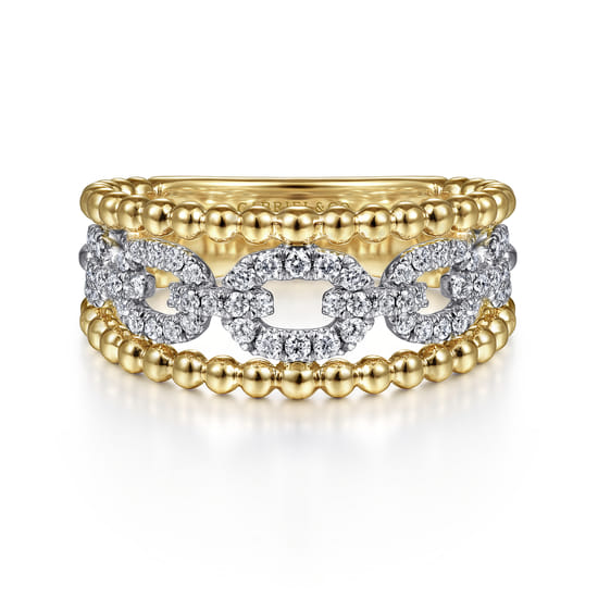 Wide Band Easy-Stack Ring 14K White and Yellow Gold Diamond 0.35ct Bujukan