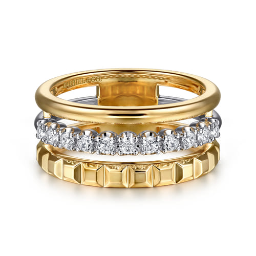 Wide Band Easy-Stack Ring 14K White and Yellow Gold Diamond 0.3ct