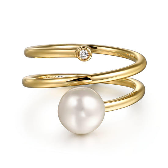Wide Band Wrap Ring 14K Yellow Gold Diamond and Pearl 0.02ct