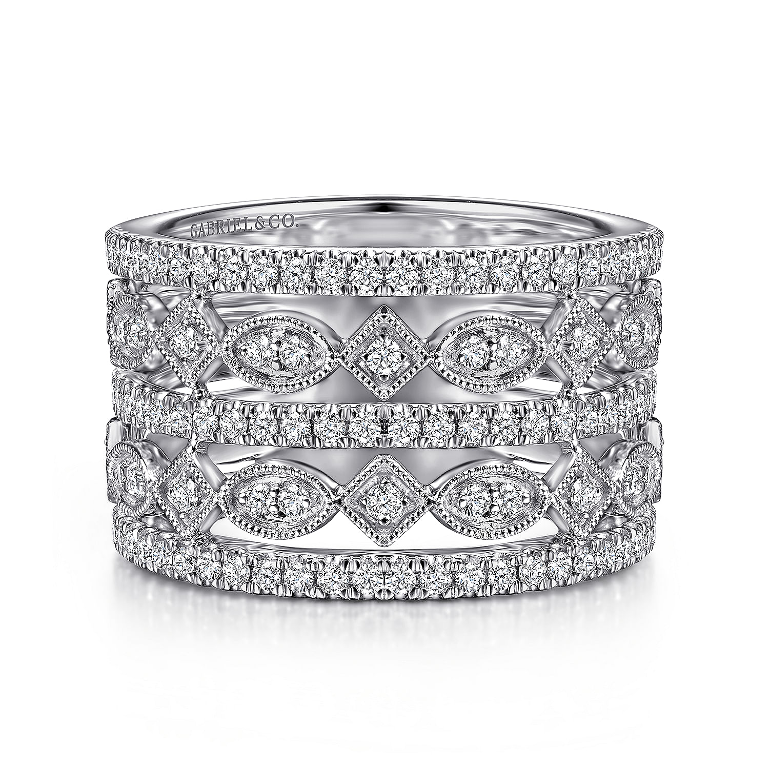 Wide Vintage Inspired 14K White Gold Diamond Ring