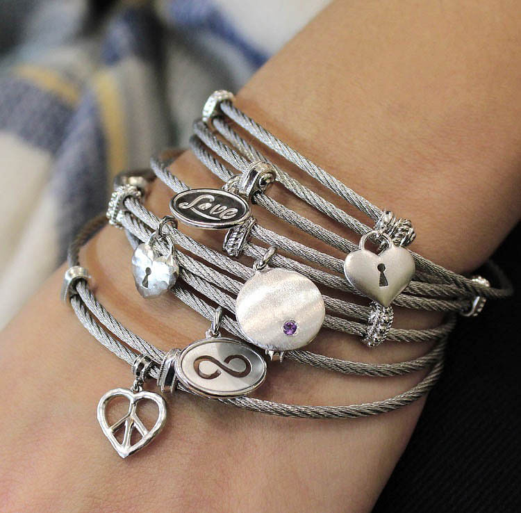 Adjustable Twisted Cable Stainless Steel Bangle with Sterling Silver Heart Lock Charm angle 