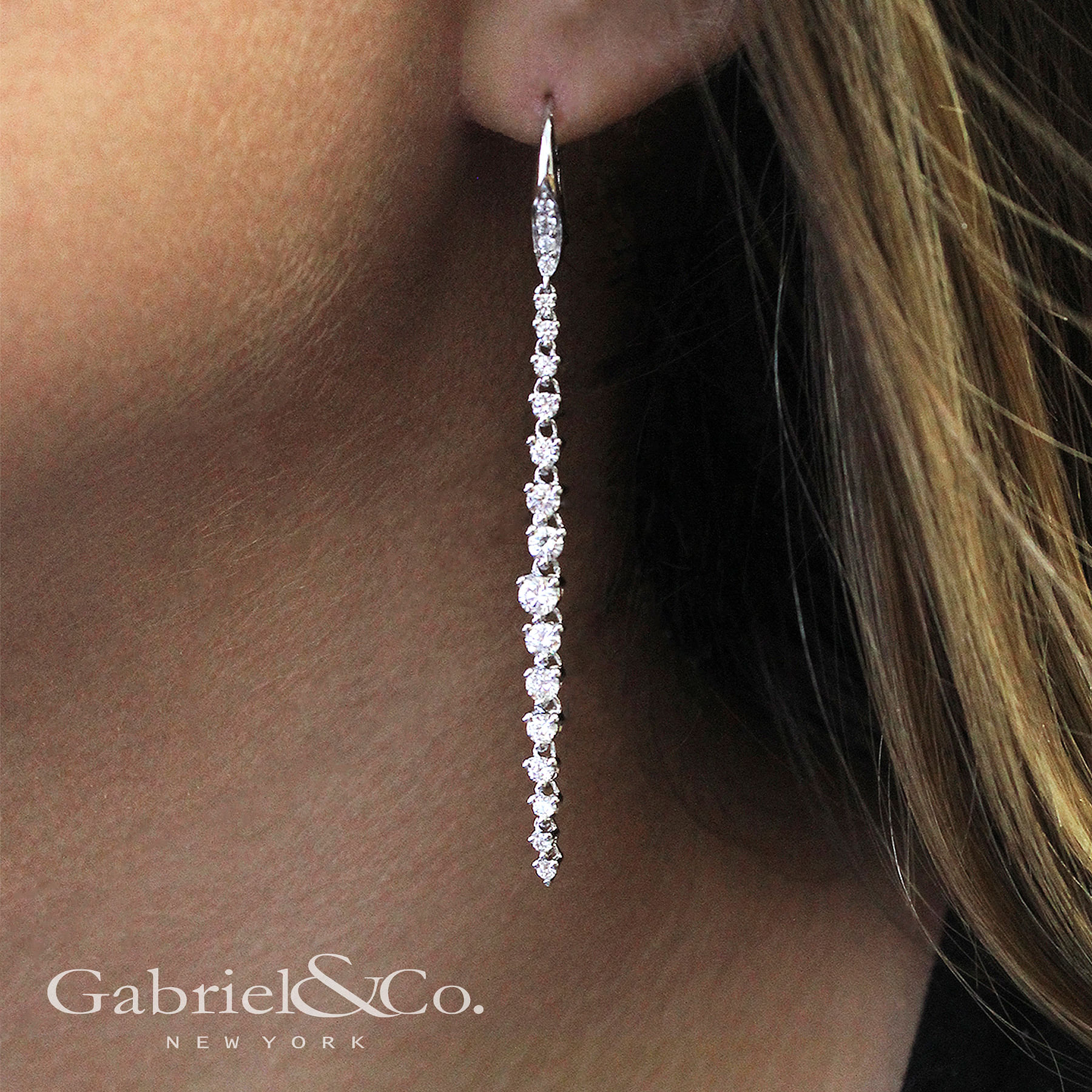 18K White Gold Elongated Diamond Drop Earrings angle 