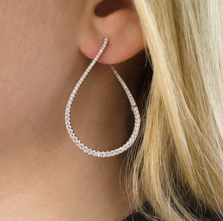 14k White Gold 45mm Intricate Pear Shaped Diamond Hoop Earrings EG12903W45JJ Gabriel Co