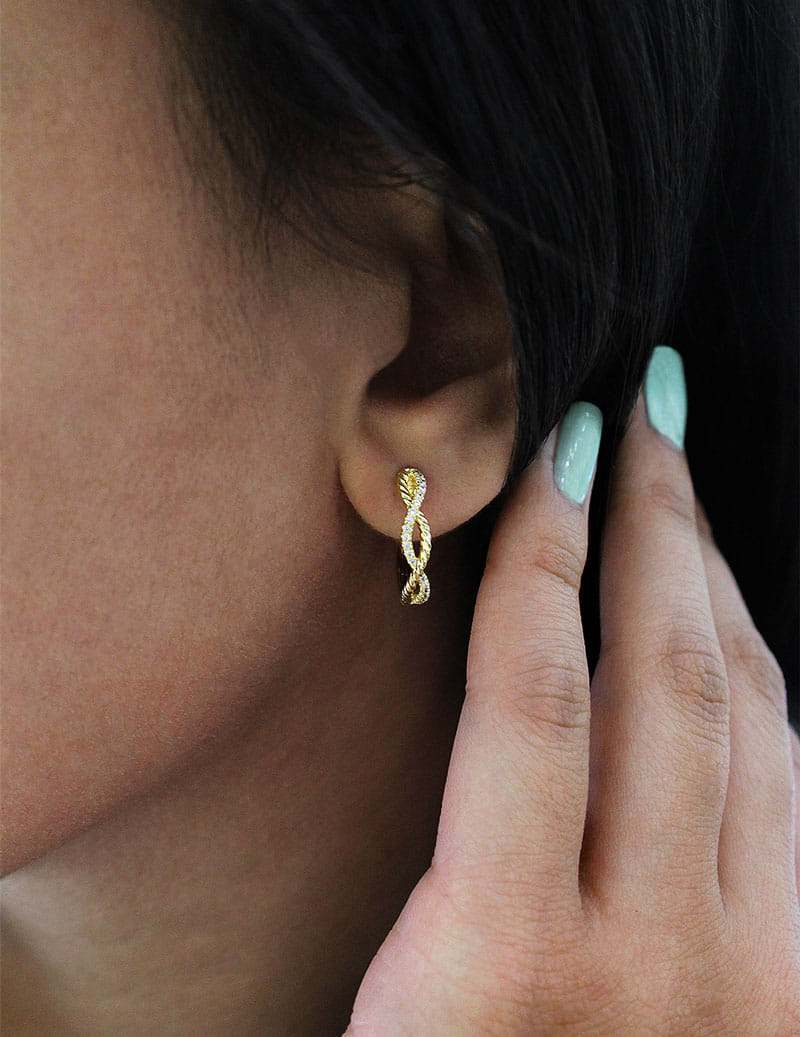 14K Yellow Gold 15mm Twisted Rope and Diamond Huggies