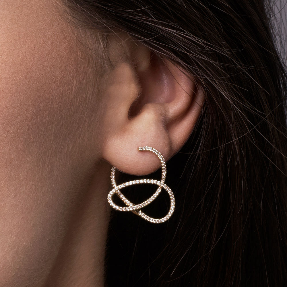 14K Yellow Gold Intricate Twisted 25mm Diamond Hoop Earrings angle 