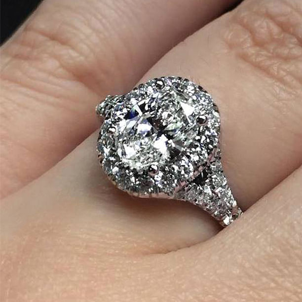 14K White Gold Oval Halo Diamond Engagement Ring angle 