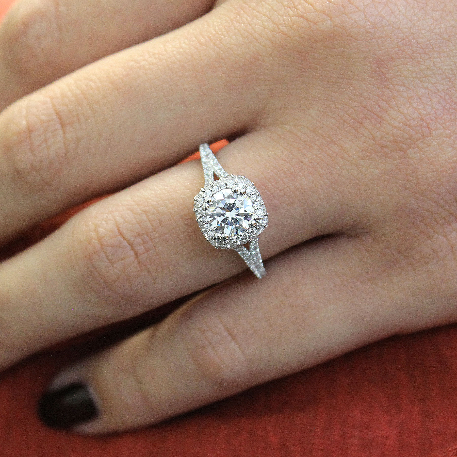 18k White-Rose Gold Cushion Double Halo Round Diamond Engagement Ring angle 