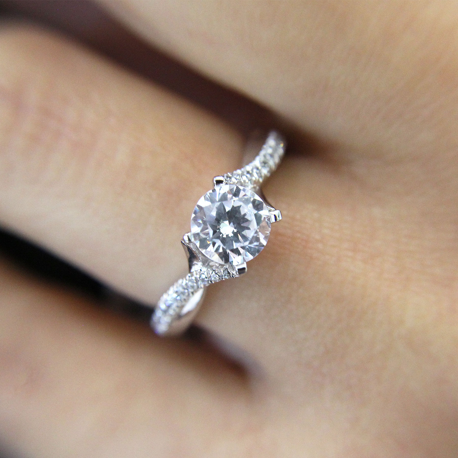 14K White Gold Round Twisted Diamond Engagement Ring angle 