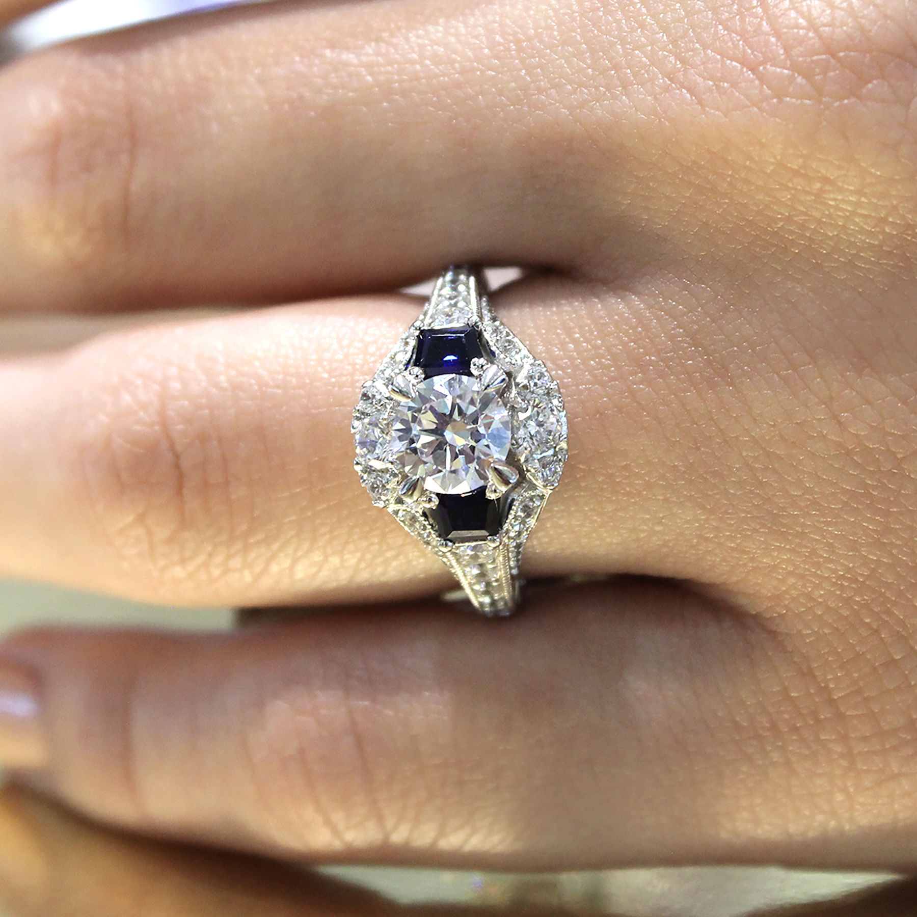 14K White Gold Round Sapphire and Diamond Engagement Ring angle 