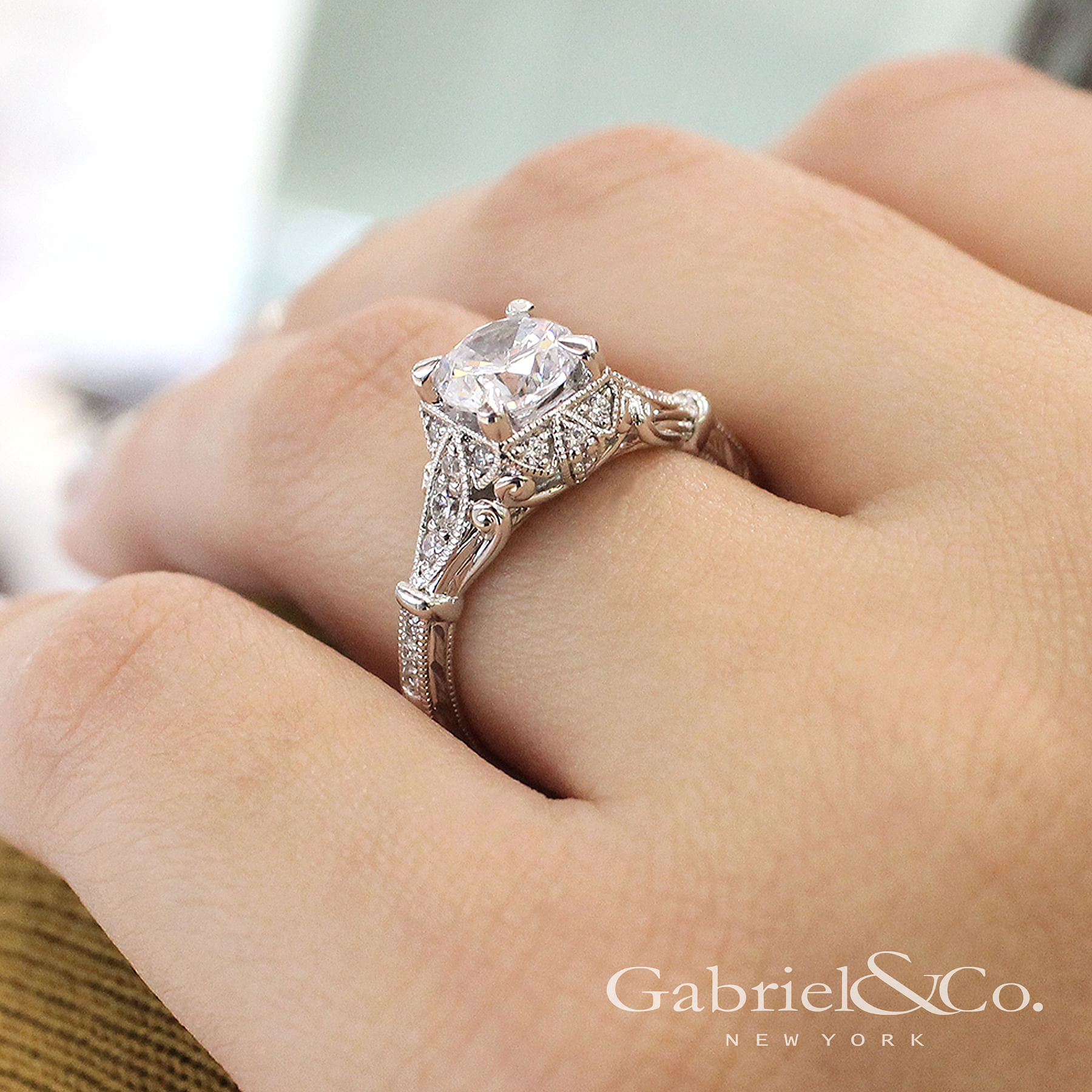 Unique 14K White Gold Vintage Inspired Halo Diamond Engagement Ring angle 