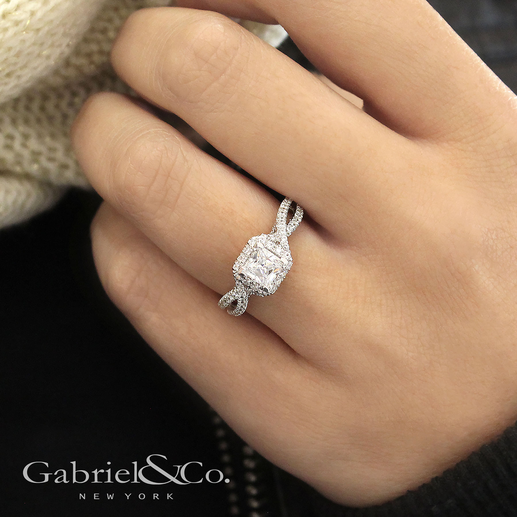 14K White Gold Princess Halo Diamond Engagement Ring angle 