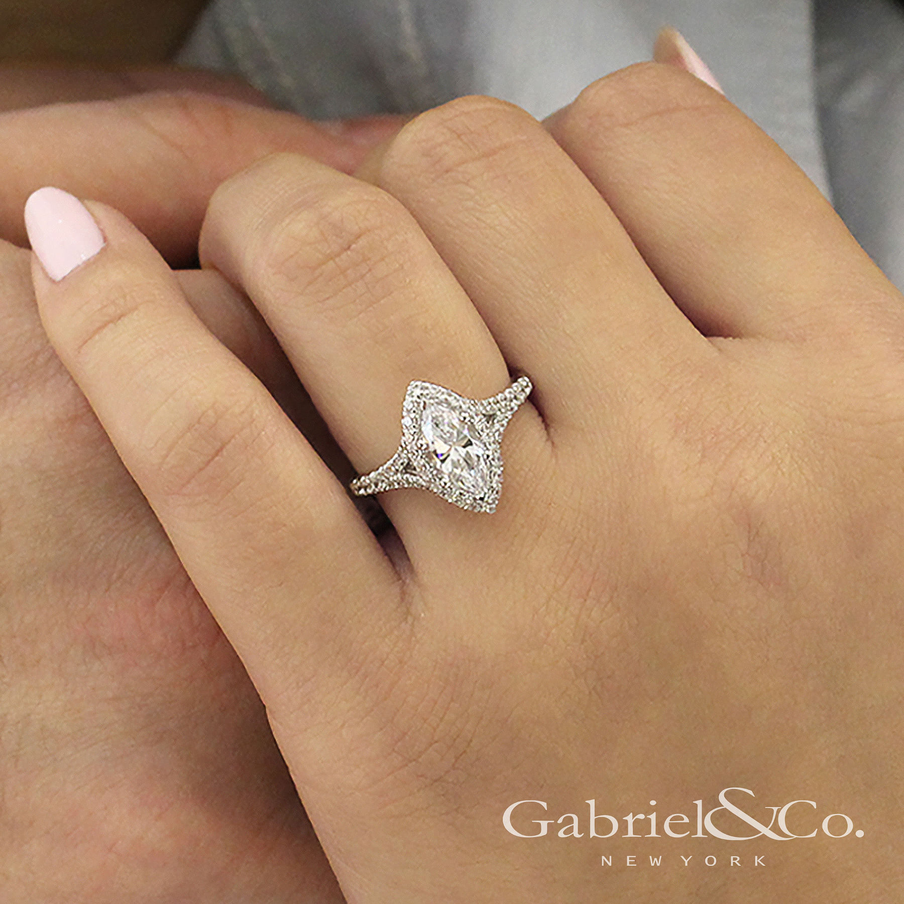 14K White Gold Marquise Halo Diamond Engagement Ring angle 