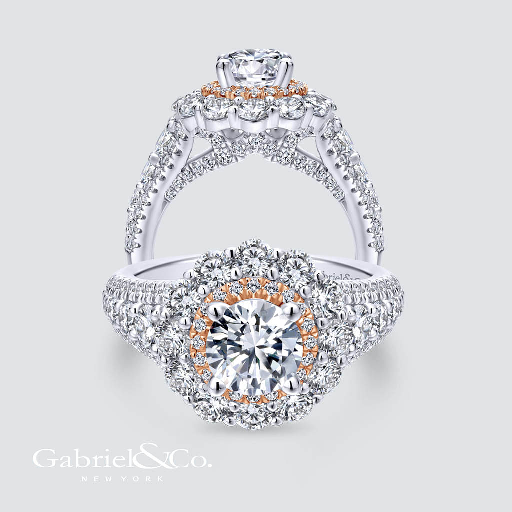 18K White-Rose Gold Round Double Halo Diamond Engagement Ring angle 