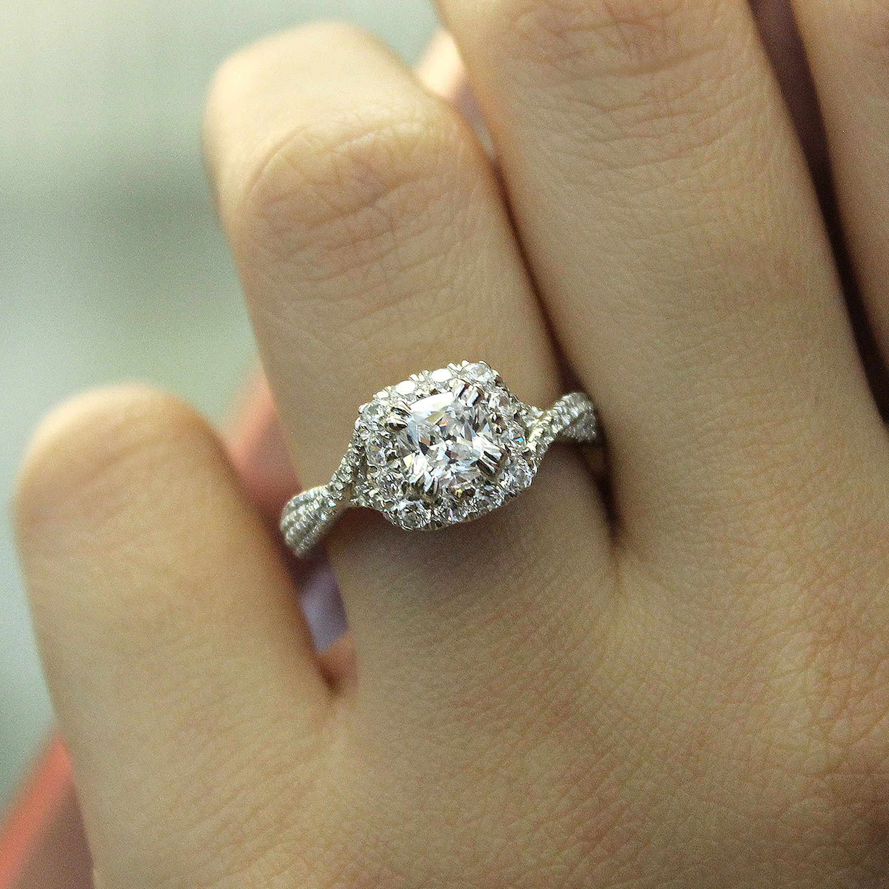 14K White-Rose Gold Cushion Halo Diamond Engagement Ring angle 