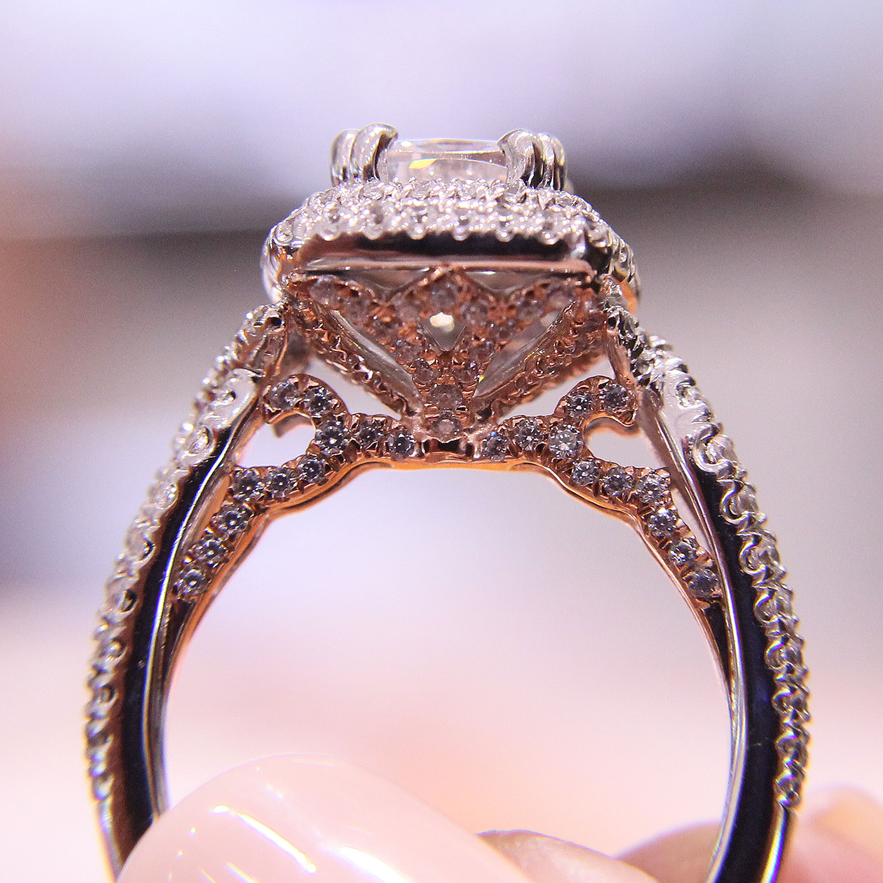 18K White-Rose Gold Cushion Double Halo Diamond Engagement Ring angle 