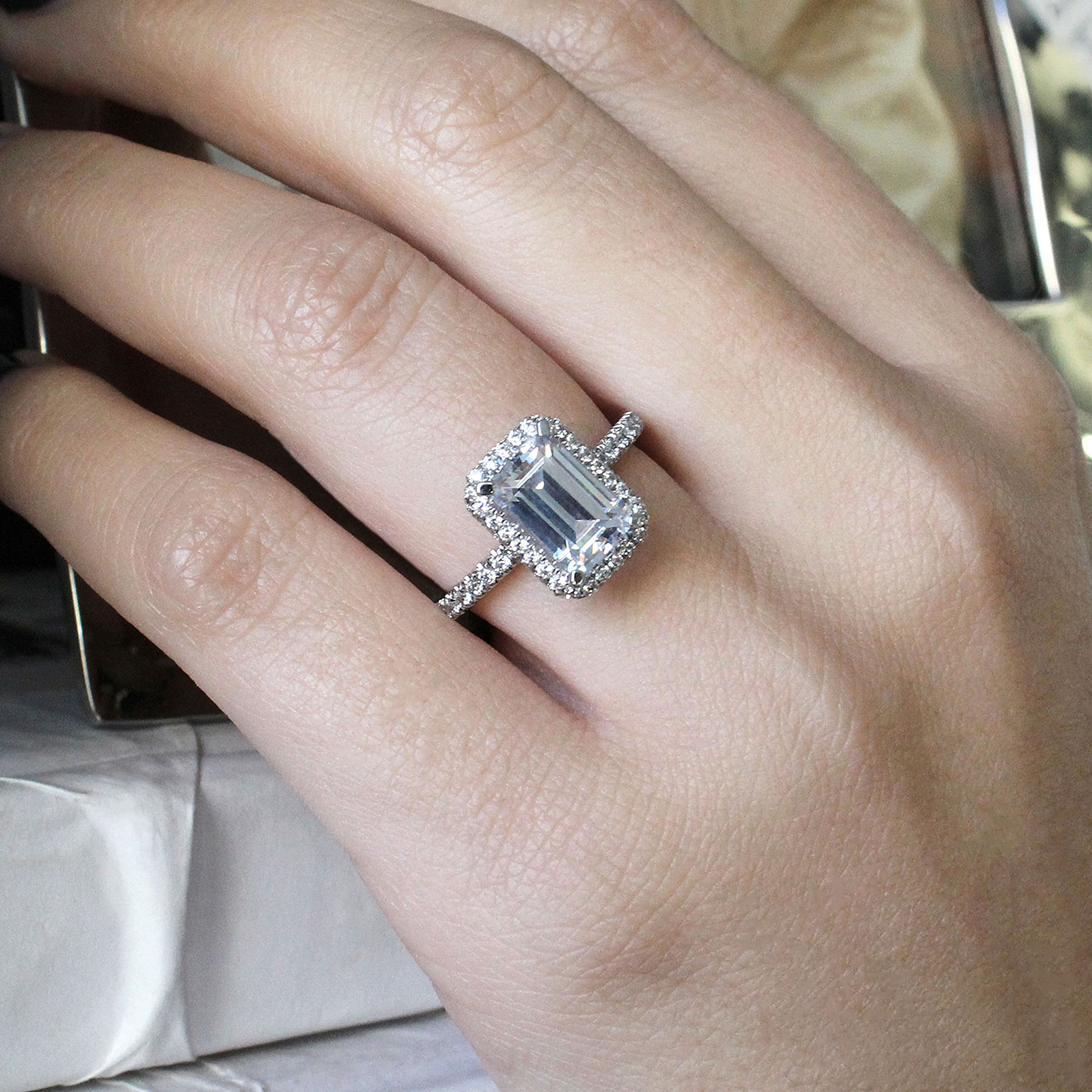 18K White Gold Emerald Cut Diamond Engagement Ring angle 