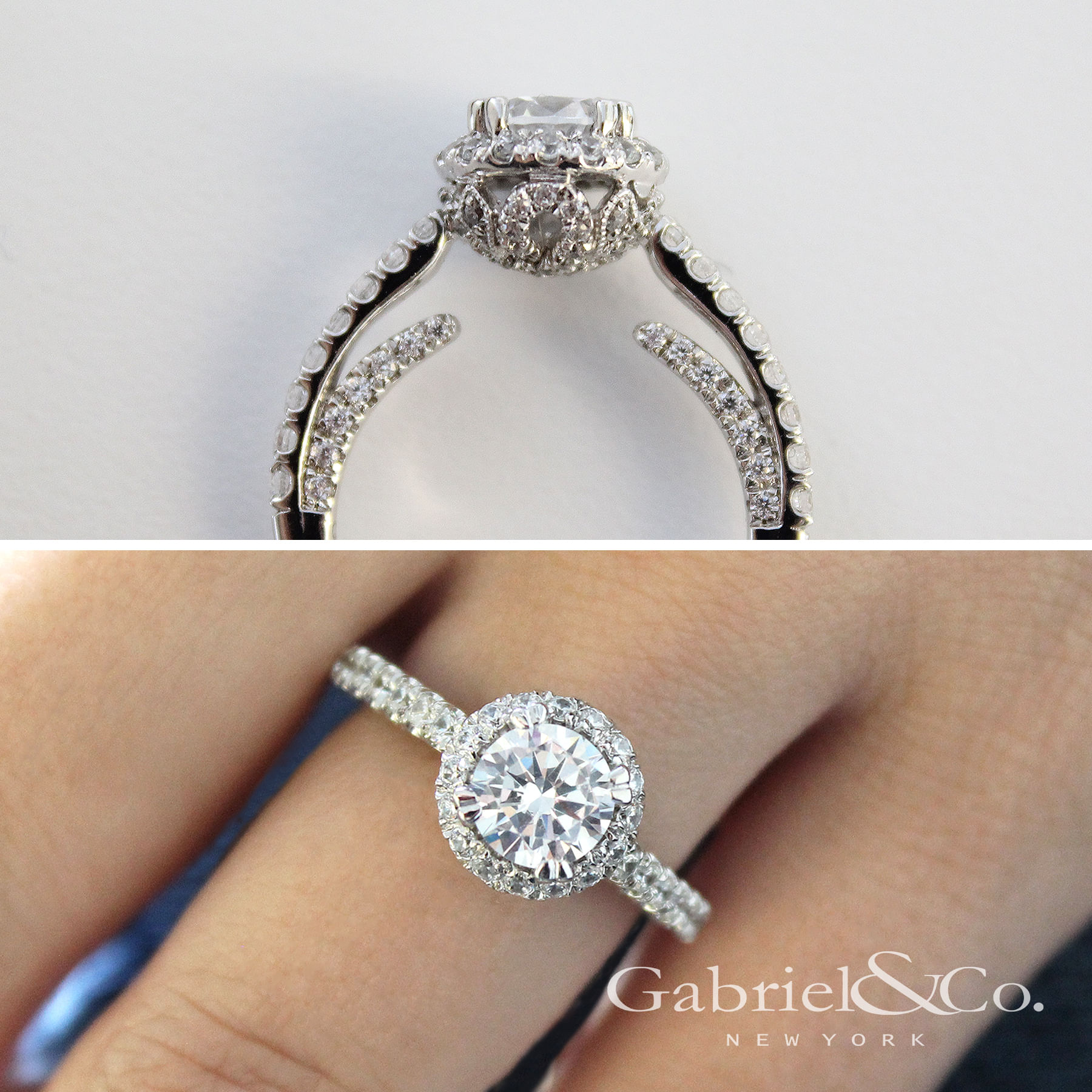 14K White Gold Round Halo Diamond Engagement Ring angle 