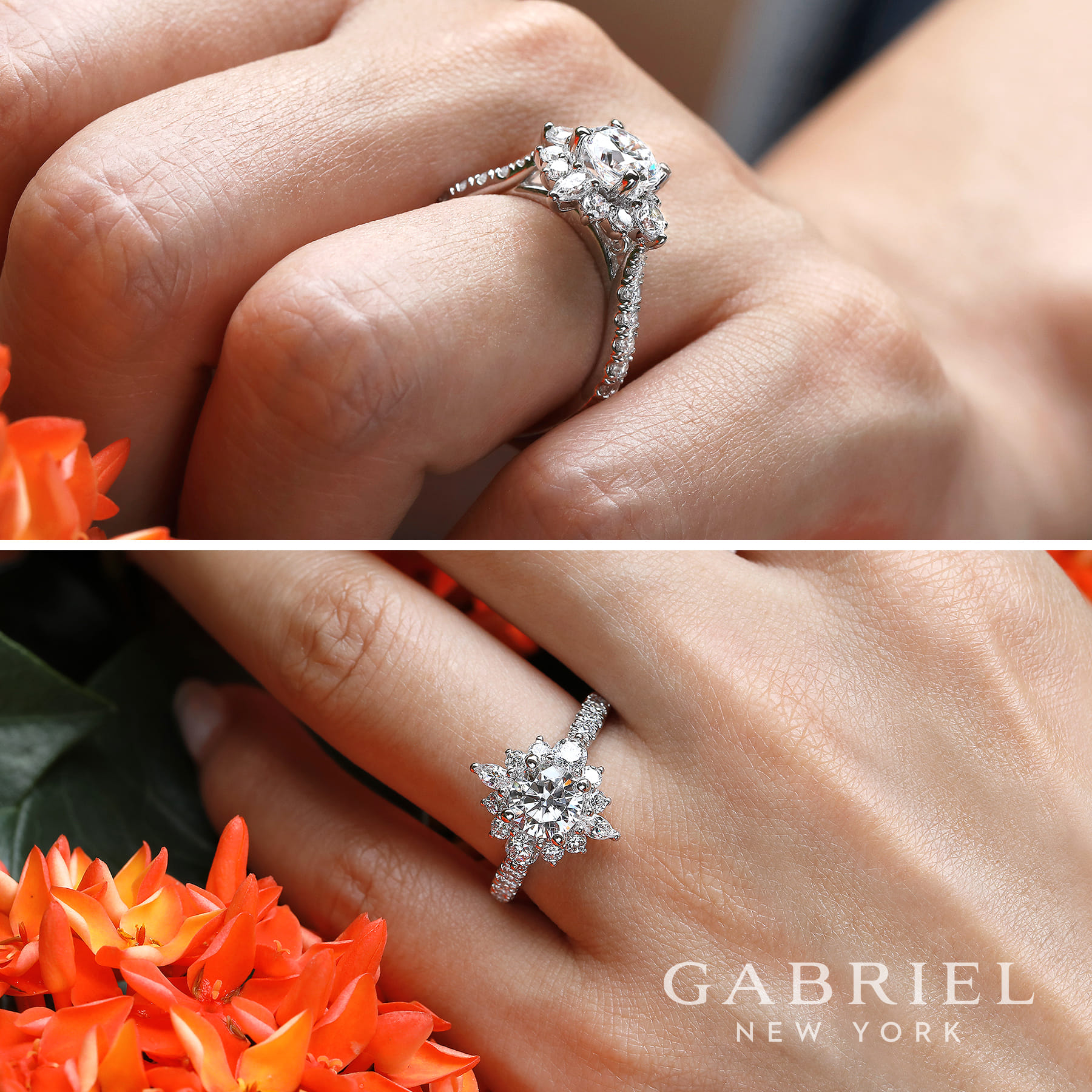 Unique 14K White Gold Halo Diamond Engagement Ring