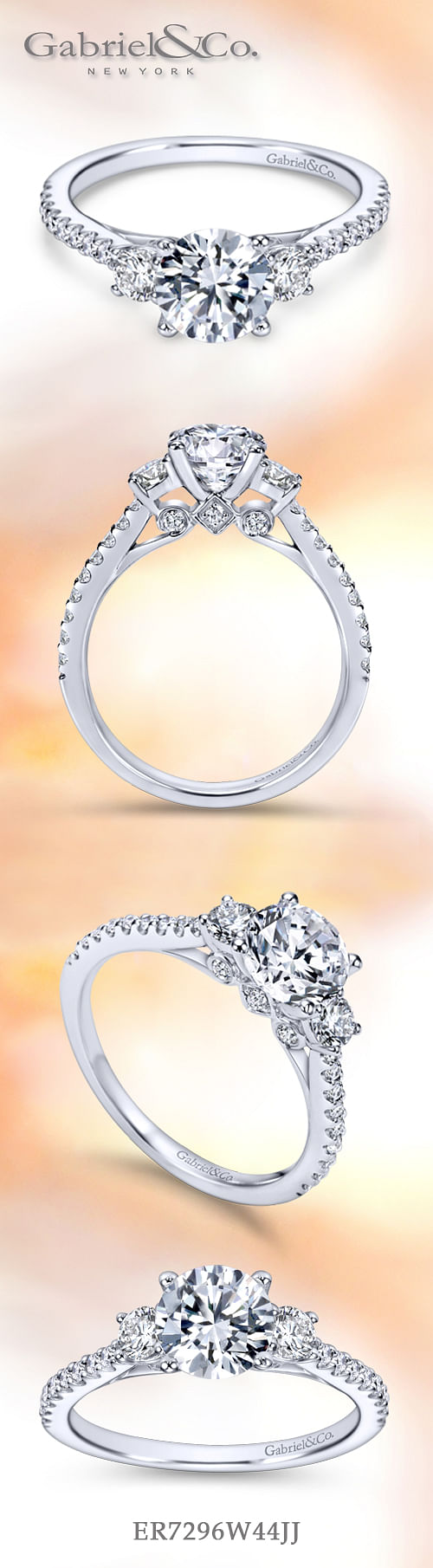 14K White Gold Round Three Stone Diamond Engagement Ring angle 