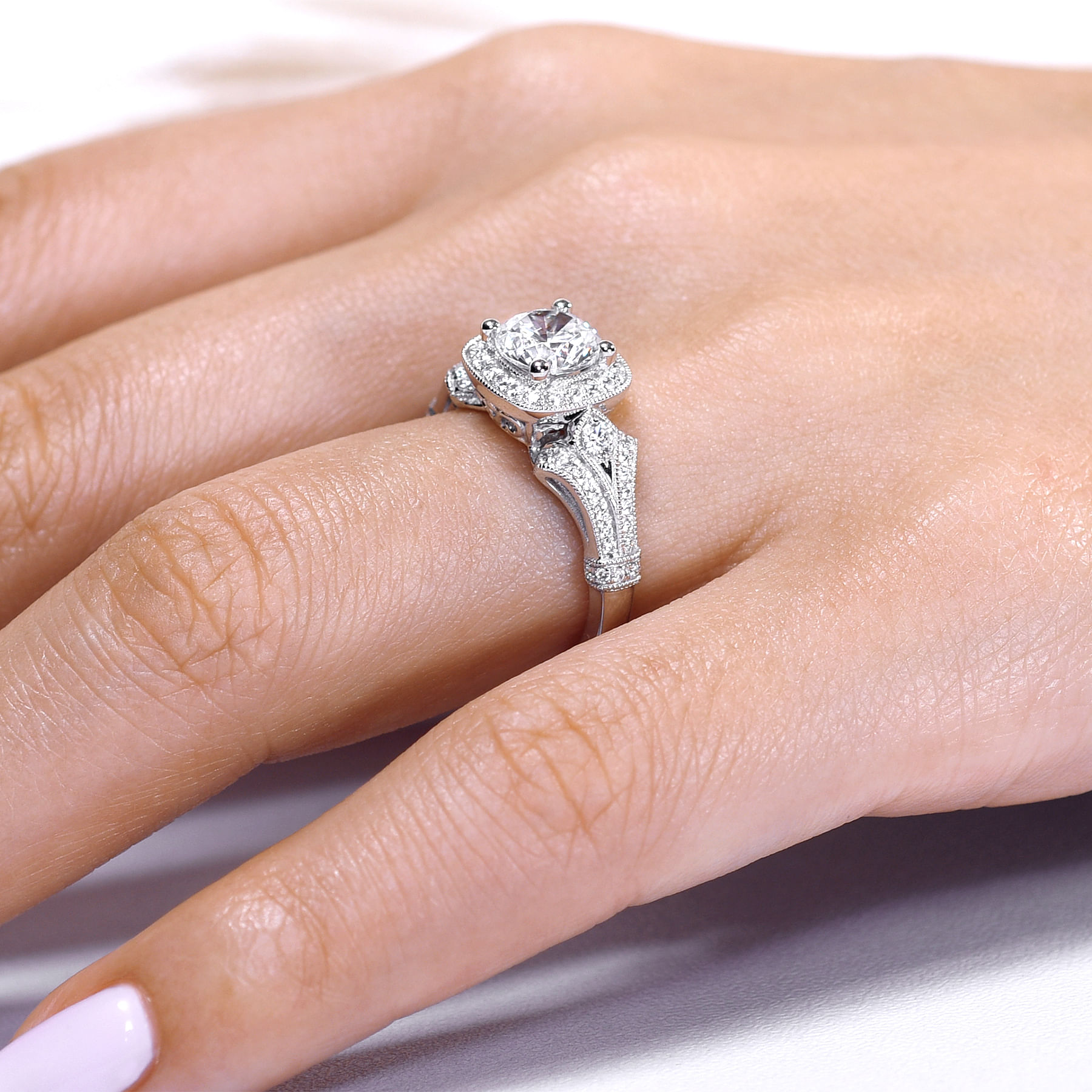 Vintage Inspired 14K White Gold Cushion Halo Round Diamond Engagement Ring angle 