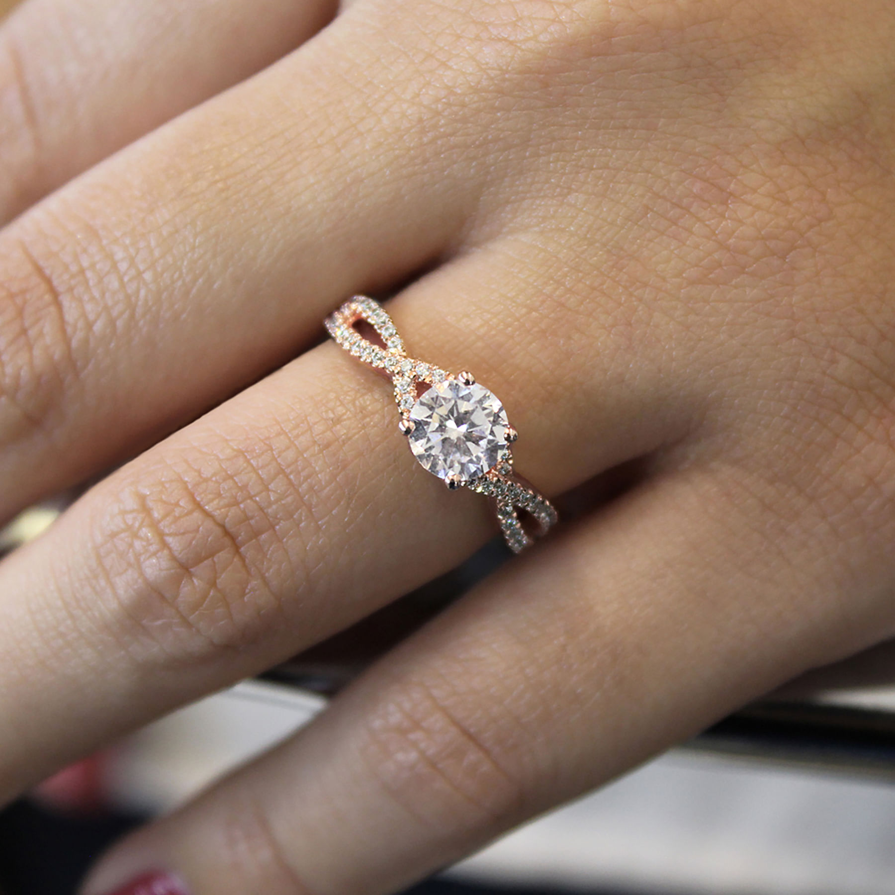 14K Rose Gold Twisted Round Diamond Engagement Ring angle 