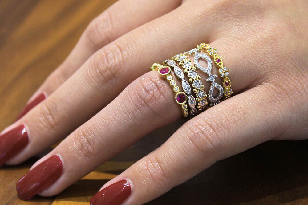 14k Yellow Gold Diamond and Ruby Stackable Ring angle 