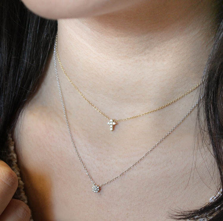 14K Yellow Gold Diamond Cross Pendant Necklace angle 