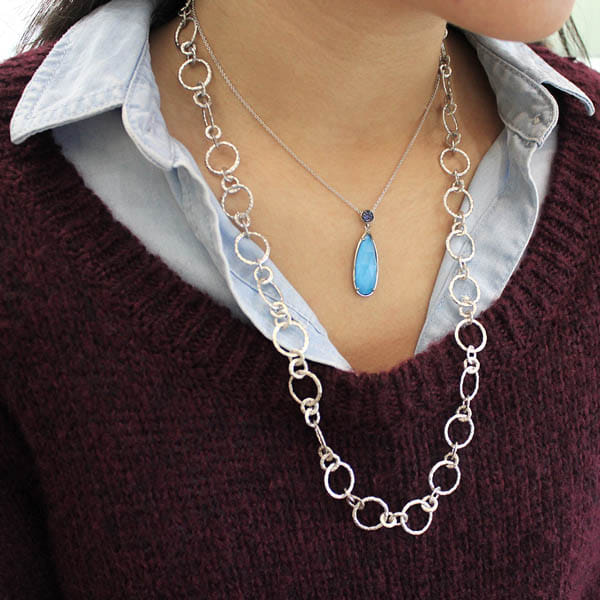 925 Sterling Silver Rock Crystal/Turquoise Teardrop Pendant with Sapphire