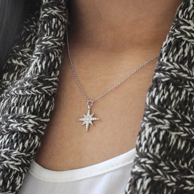 14K White Gold Diamond Starburst Pendant Necklace