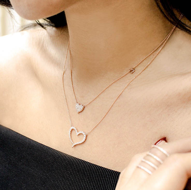 14K Rose Gold Open Heart Diamond Pendant Necklace angle 