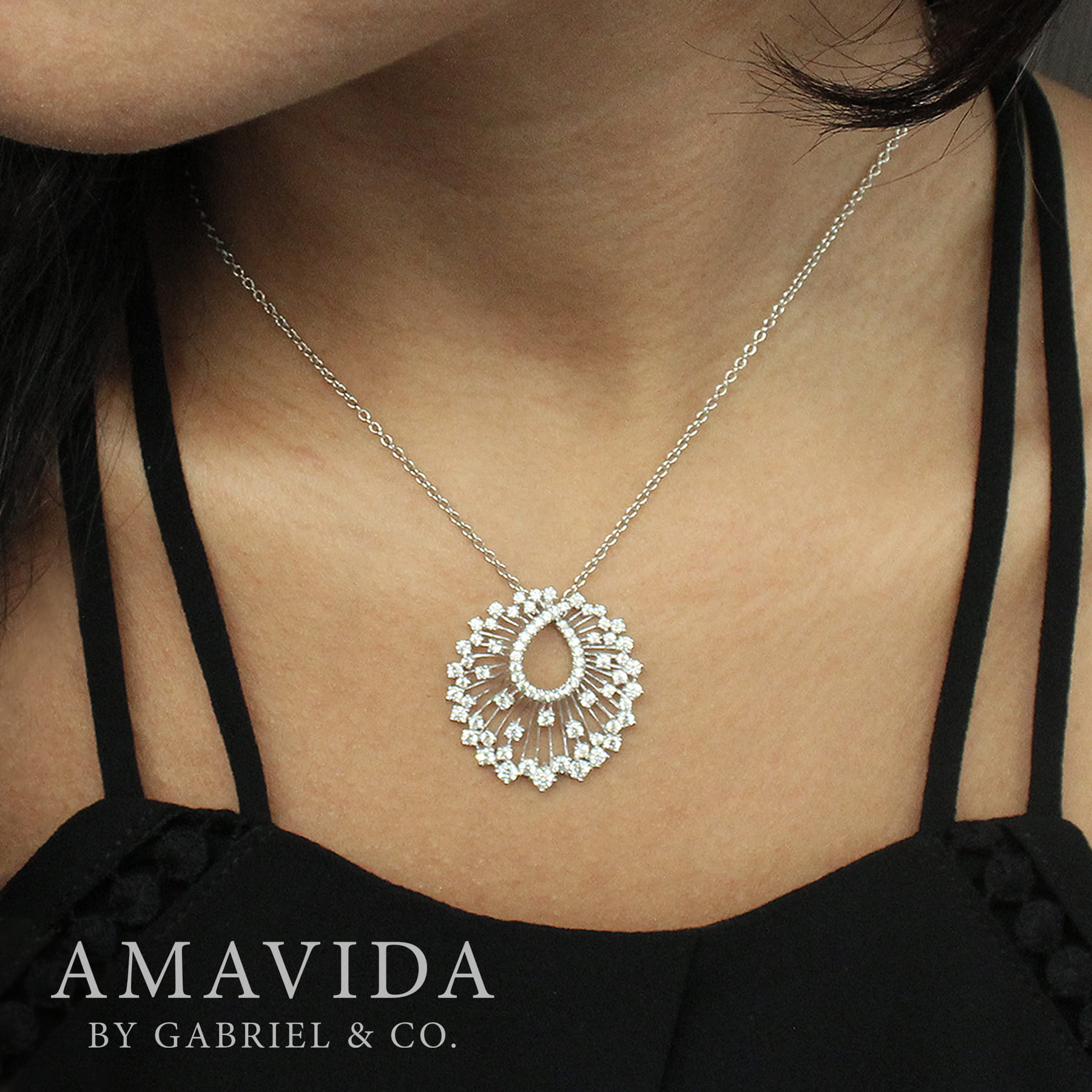 18K White Gold Waterfall Swirl Diamond Pendant Necklace angle 