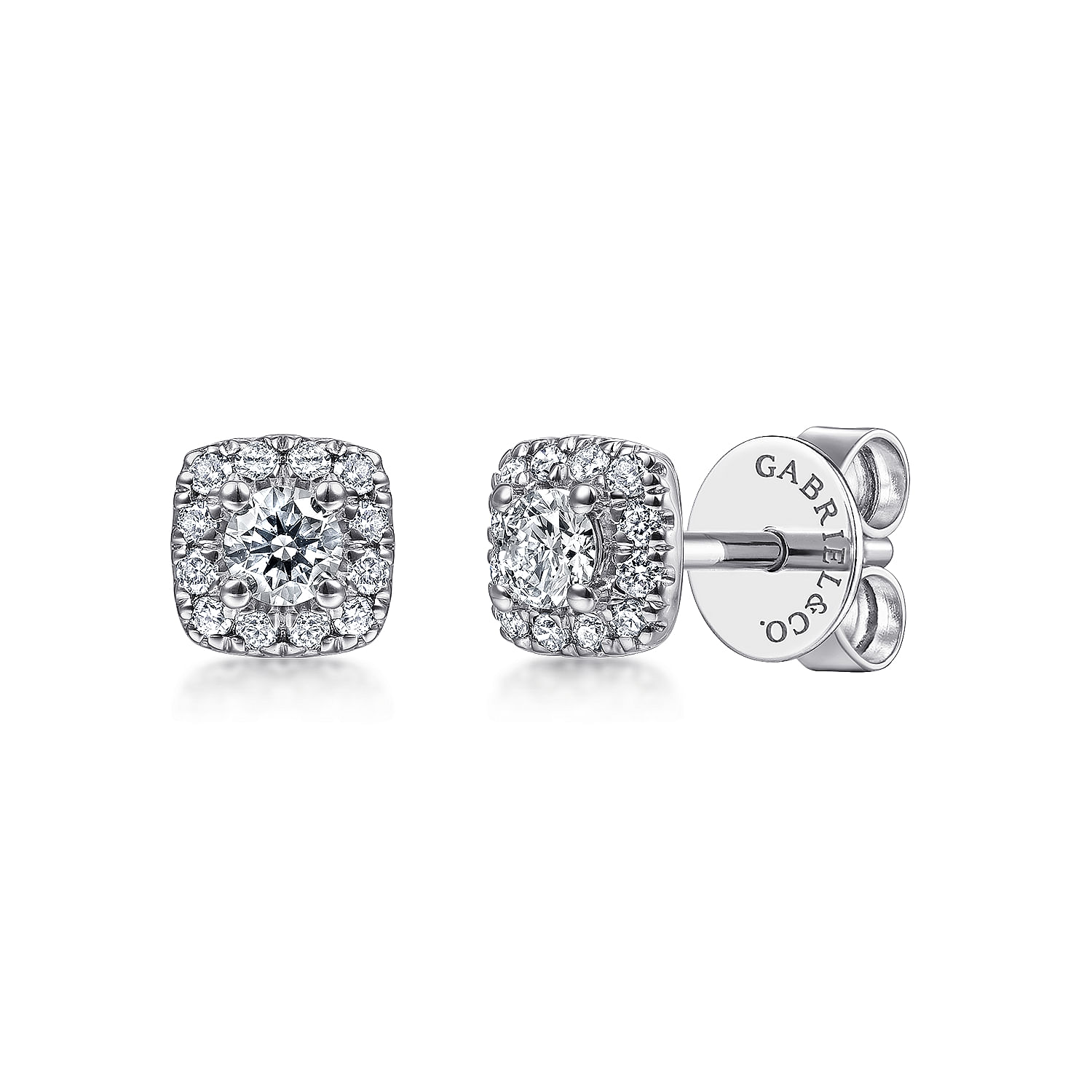 14k White Gold Cushion Halo Round Diamond Stud Earrings