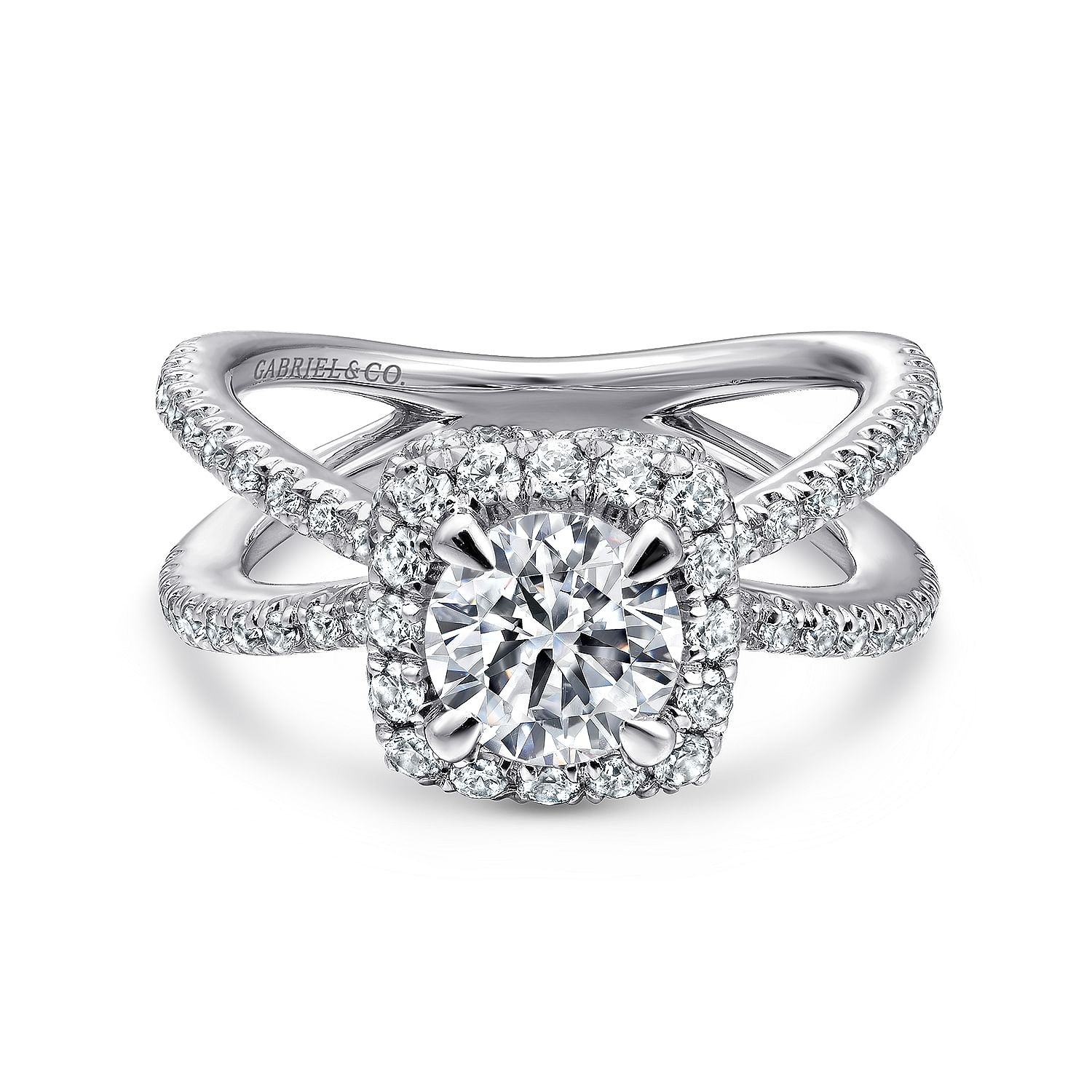 Gabriel - 14K White Gold Cushion Halo Round Diamond Engagement Ring