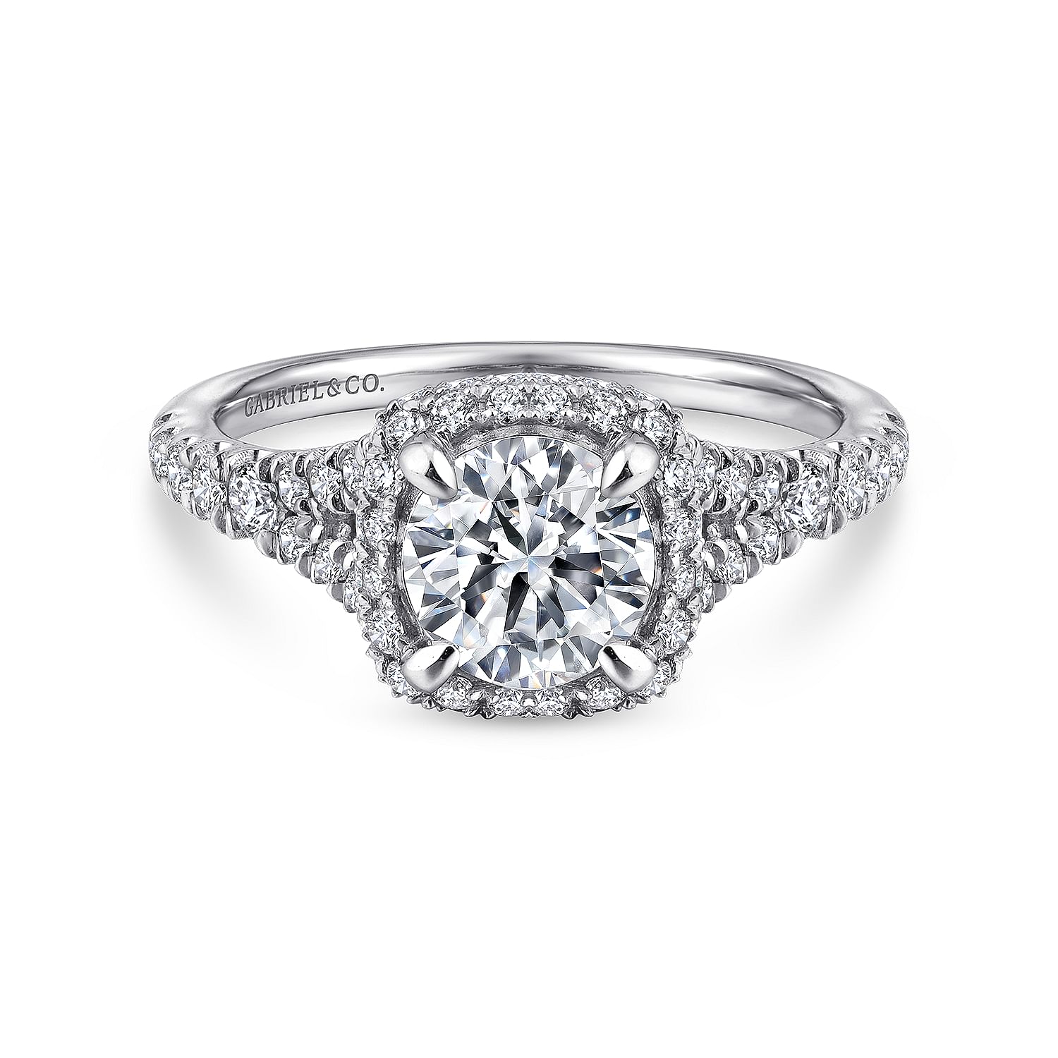 Gabriel - 14K White Gold Cushion Halo Round Diamond Engagement Ring