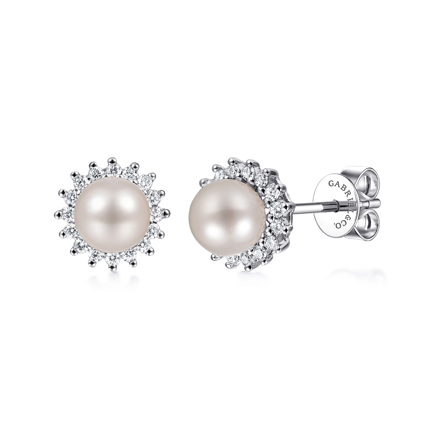 14K White Gold Round Diamond Halo Pearl Stud Earrings