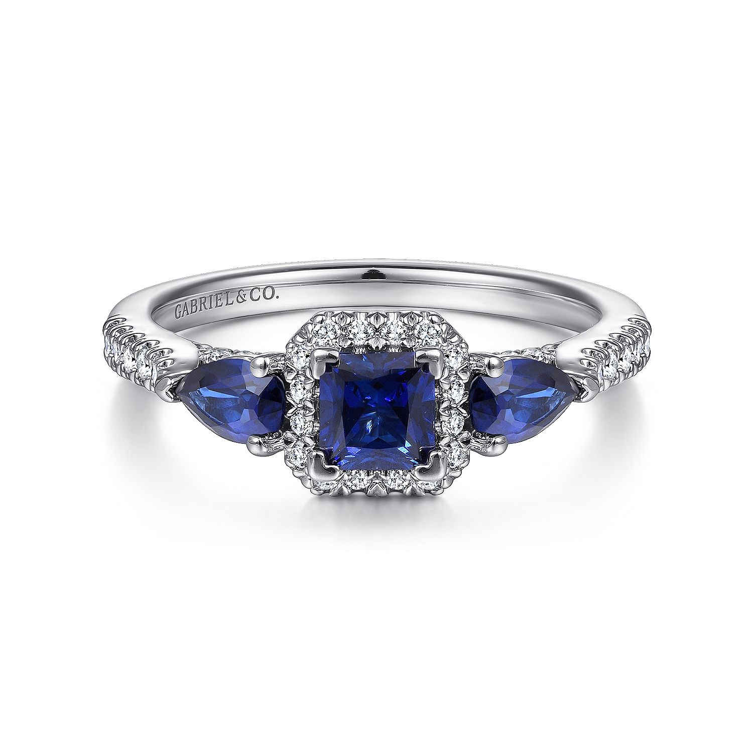 Gabriel - 14K White Gold Princess Halo Sapphire and Diamond Engagement Ring