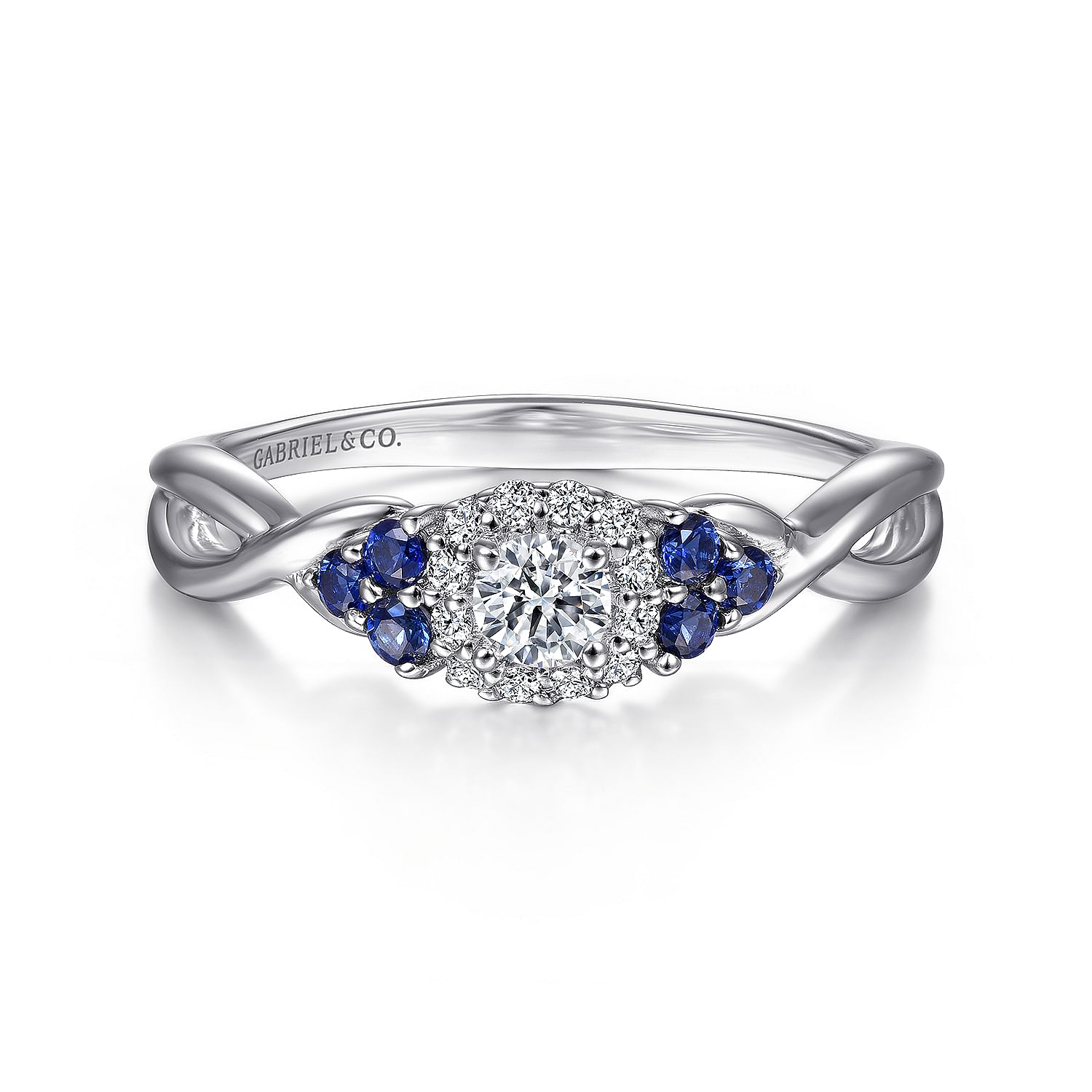 Gabriel - 14K White Gold Round Halo Sapphire and Diamond Engagement Ring