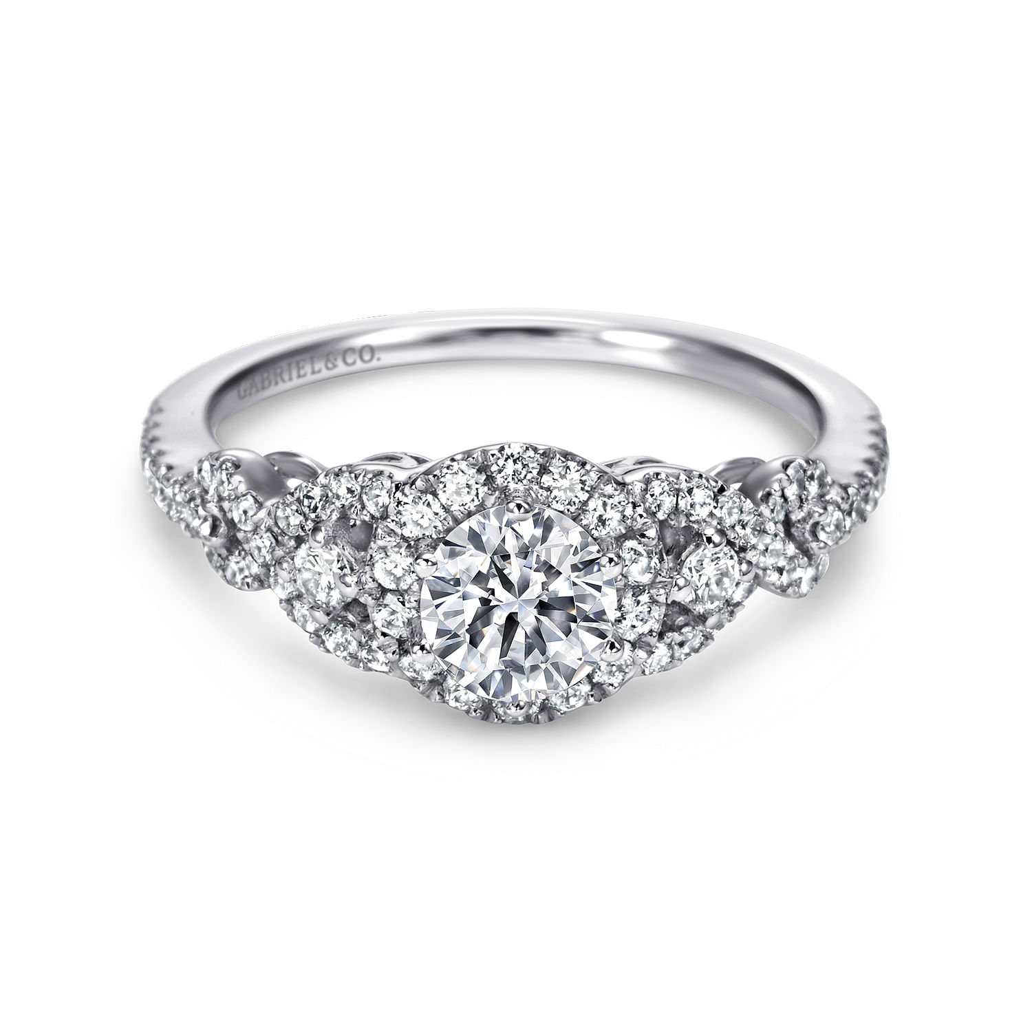Gabriel - 14K White Gold Round Three Stone Halo Diamond Engagement Ring