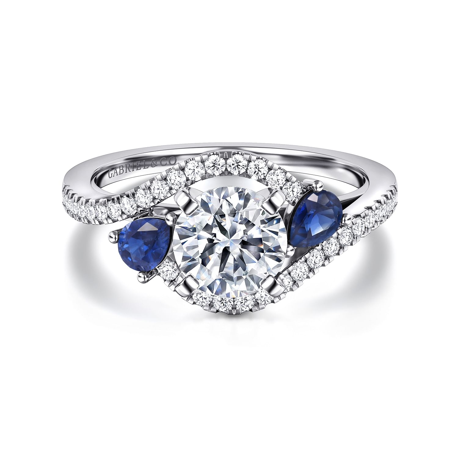 Gabriel - 14K White Gold Round Three Stone Sapphire and Diamond Engagement Ring