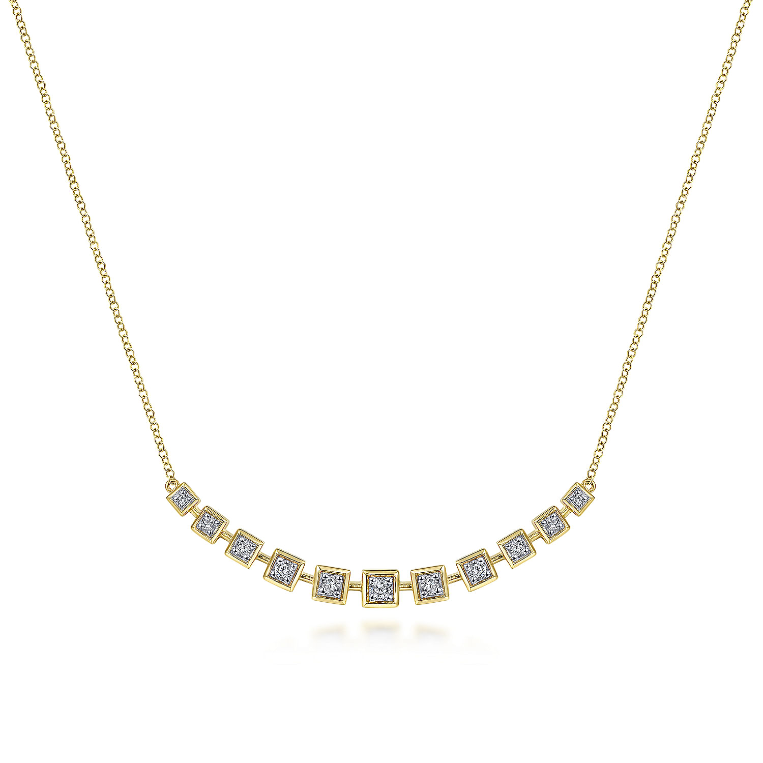 14K Yellow Gold Curved Bar Necklace with Bezel Set Round Diamonds