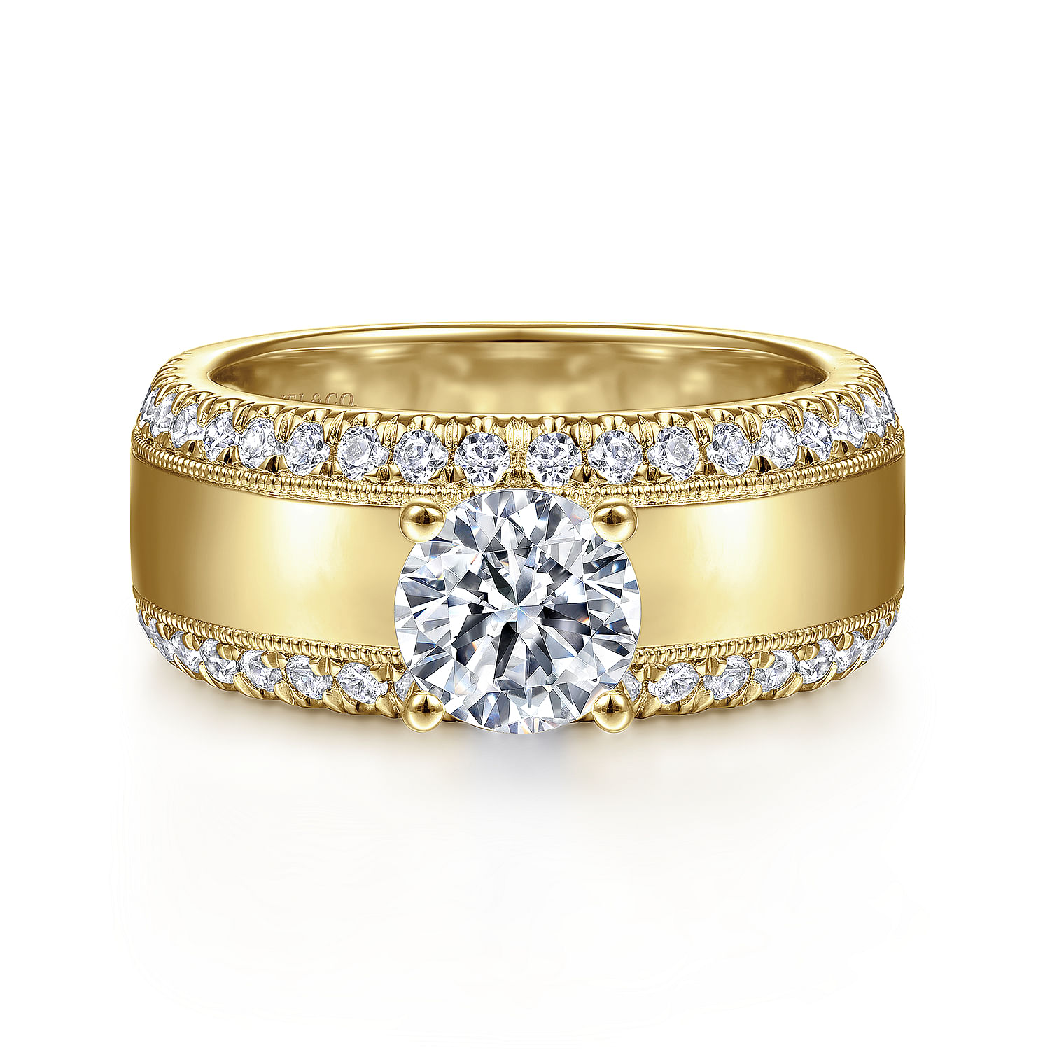 14K Yellow Gold Round Wide Band Diamond Engagement Ring - ER14611R4Y44JJ