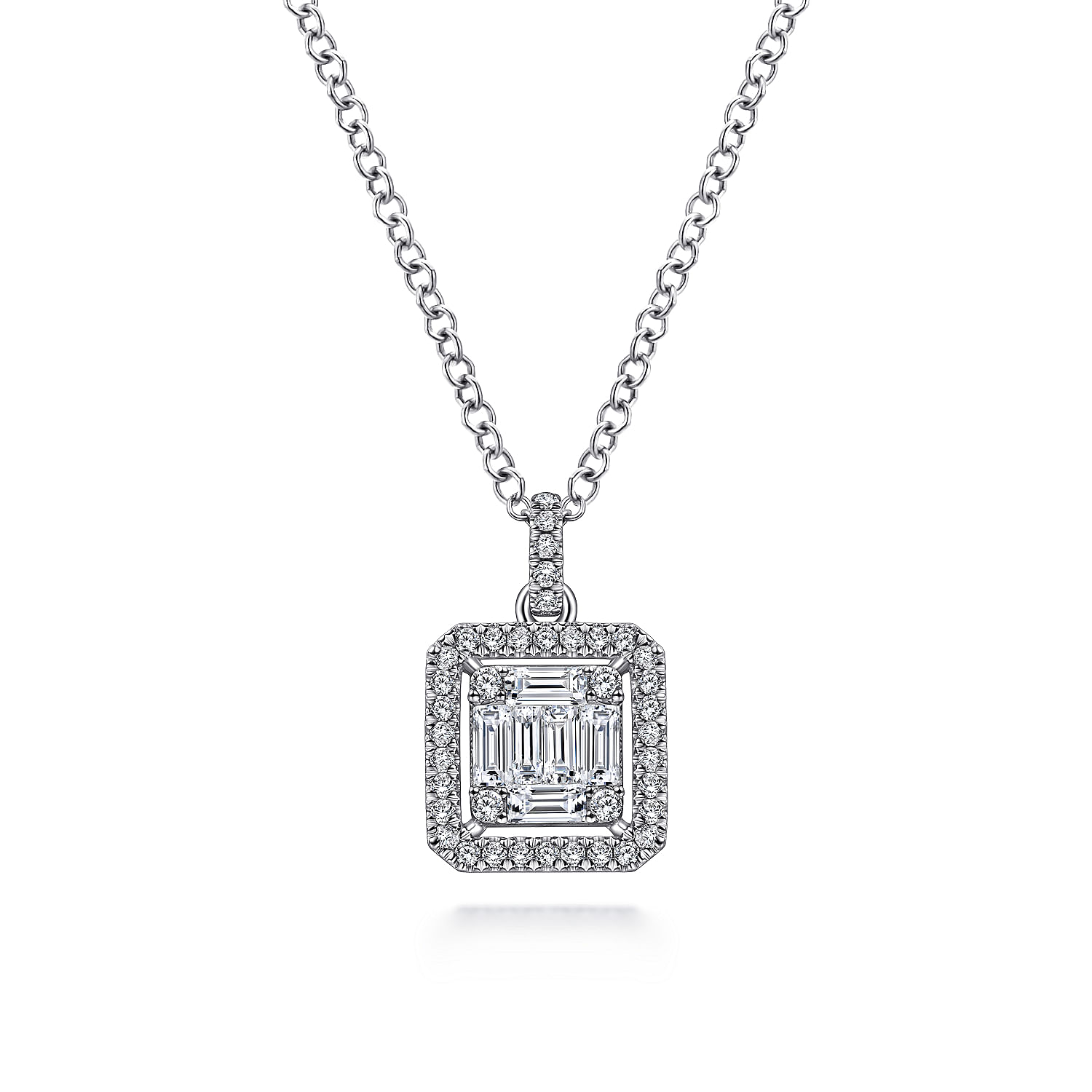 18K White Gold Baguette and Round Diamond Square Pendant