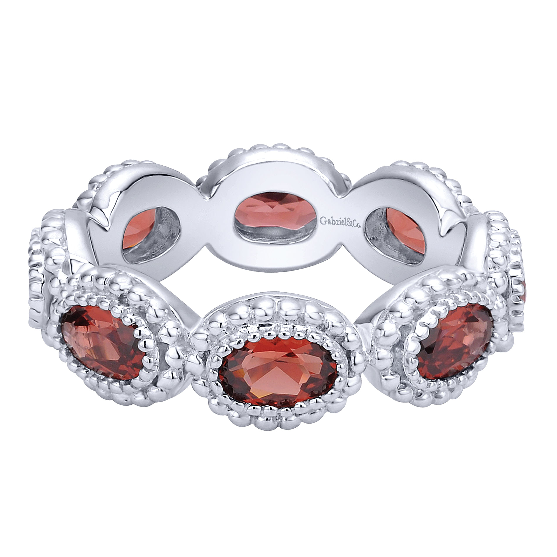 925 Sterling Silver Oval Garnet Stone Ring with Beaded Frame